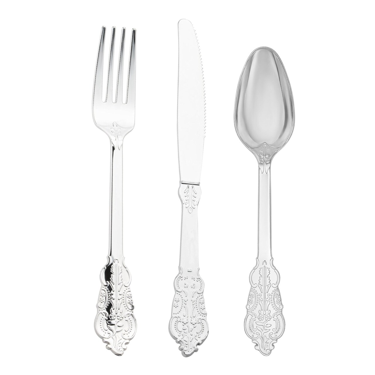Shiny Metallic Silver Baroque Plastic Cutlery Set (600 Guests)